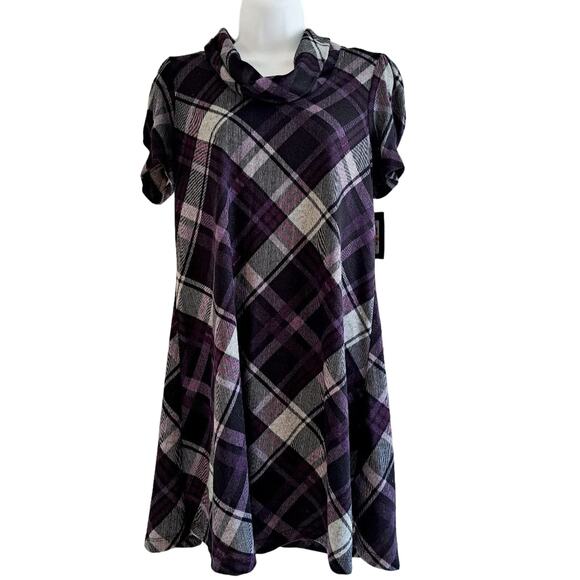 JH Short Sleeve Cowl Neck Plaid Sweater Dress - Picture 1 of 9